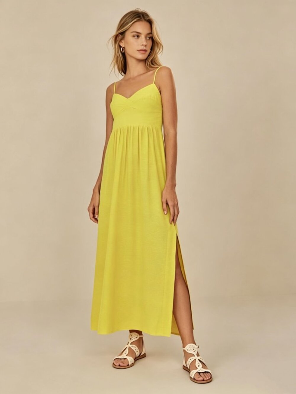 NWOT Farm Rio Linen Blend Yellow Sleeveless Midi Dress Size M